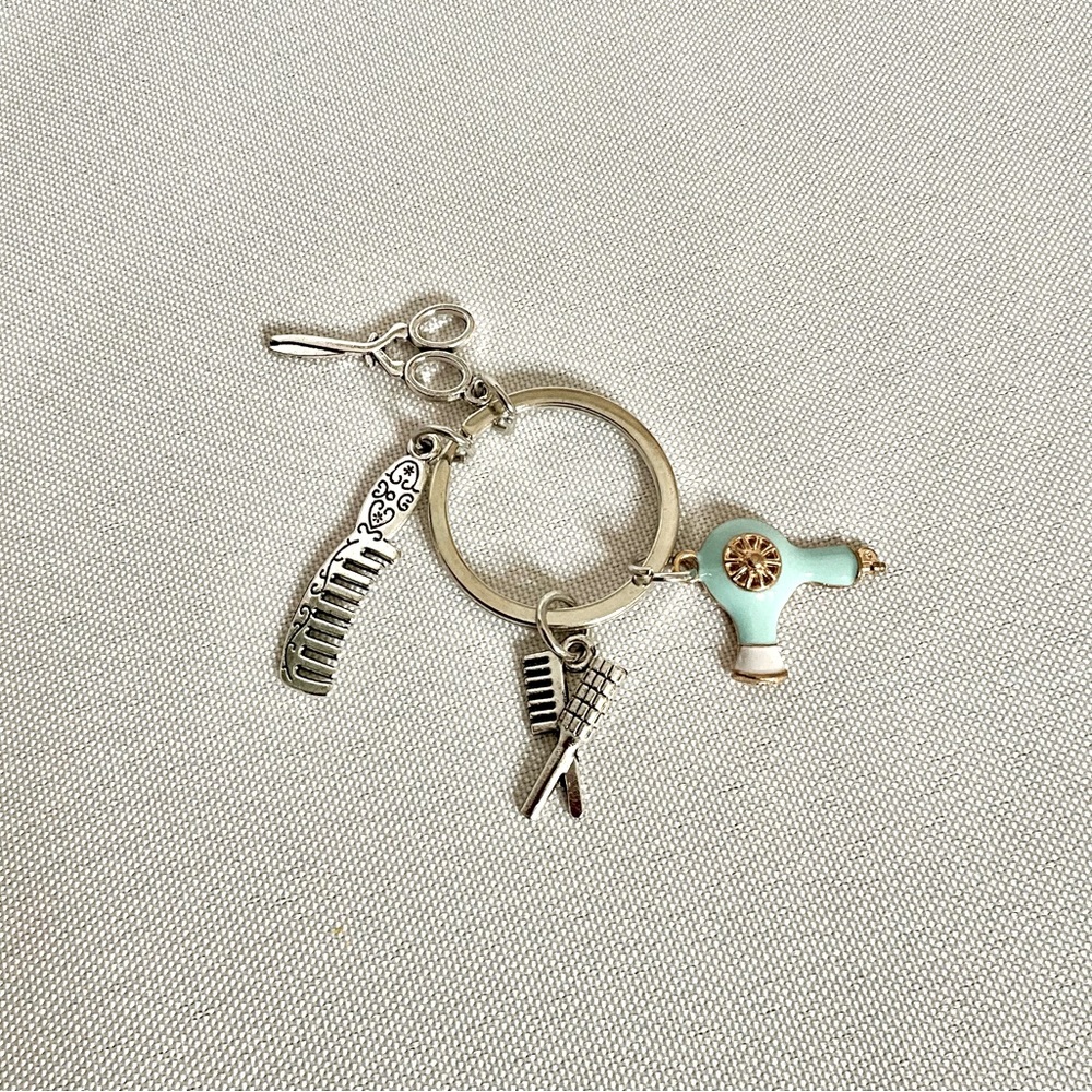 NET Hair Stylist Key Ring Blue Blow Dryer and Charms